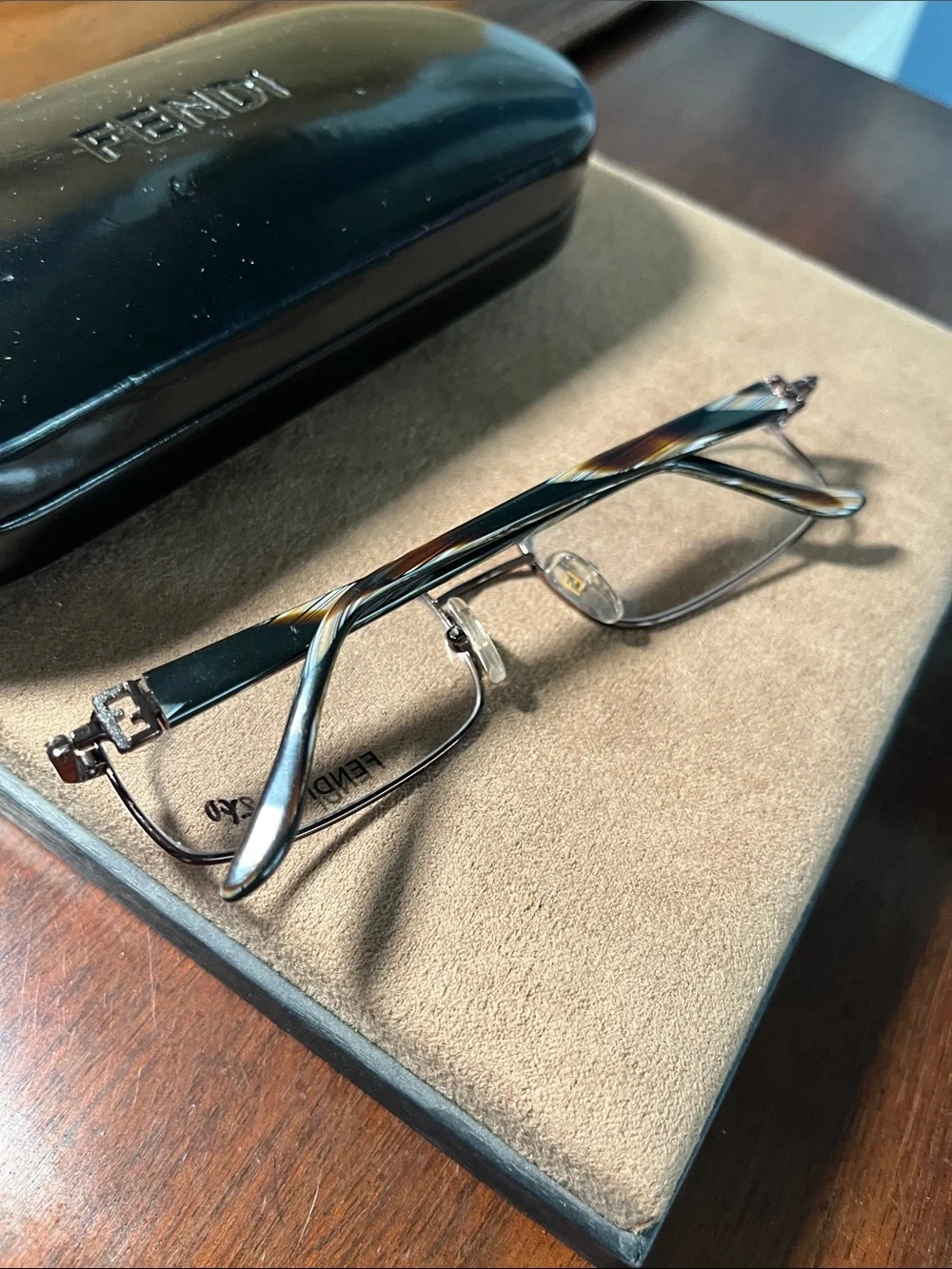 Fendi women or mens Rectangular Metal Glasses in Gunmetal w tortoise temples